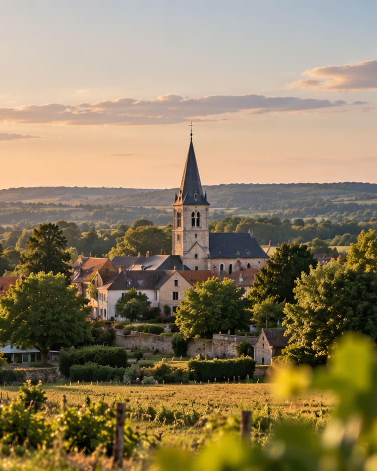 Village français au coucher du soleil : clocher de pierre, maisons aux toits de tuiles et vignes au premier plan.