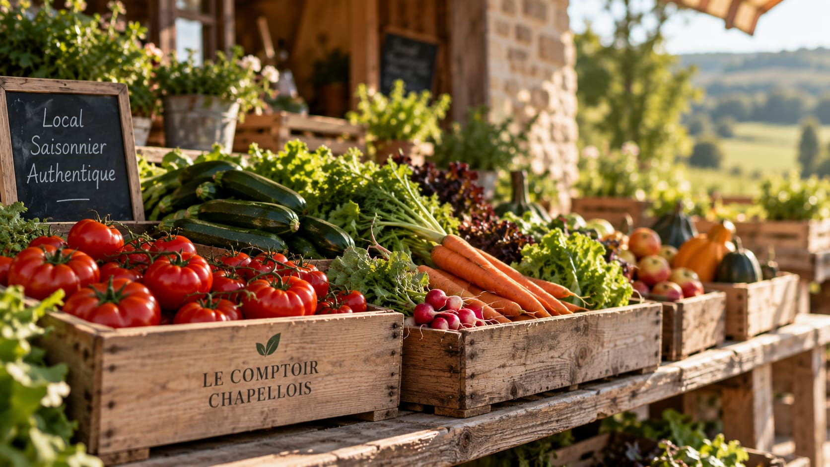Cagettes en bois garnies de tomates, courgettes, carottes et salades sur un étal de village, en lumière naturelle.